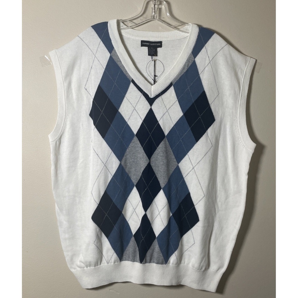 Fairway Outfitters Argyle Cotton Golf Sweater Vest White Blue Gray Men's XL NWT